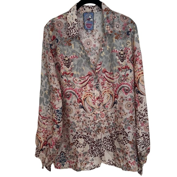 Johnny Was Jungle Paisley Rasvana 100% Silk Lightweight Button Blouse Size L - Picture 2 of 11